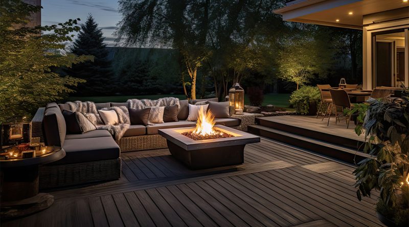 Digital image of the outside of a house featuring wooden decking and sofas and a fire pit sitting on top to support decking ideas article