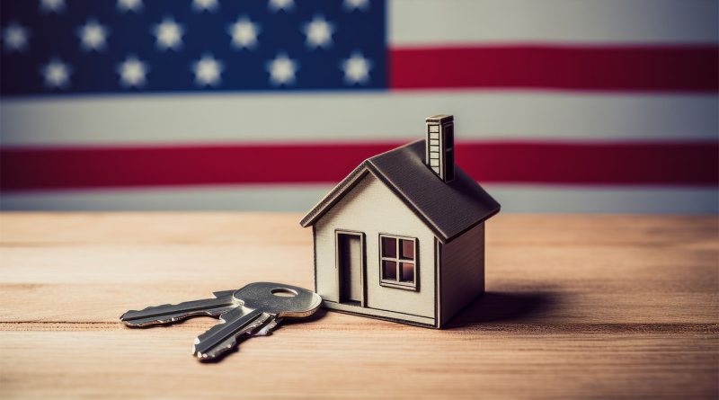 Artificial image of a model of a house next to a pair of keys, with the American flag in the background to support affordable housing nyc article