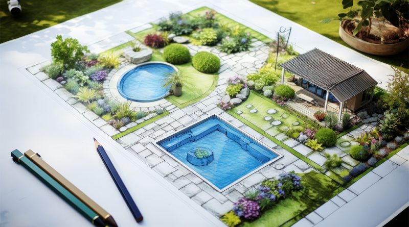 Image of a sketch pad with a realistic drawing of a house with a large backyard with a pool and pond, which is next to three pencils to support backyard ideas article