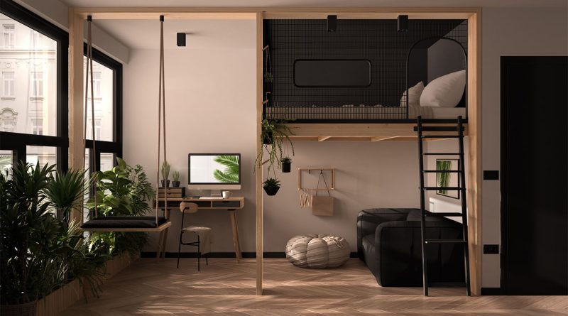 Image of a studio apartment with a bed featuring extra above-head storage, a desk, a swing and plant