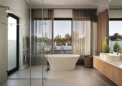 Bathroom interior with free standing bath