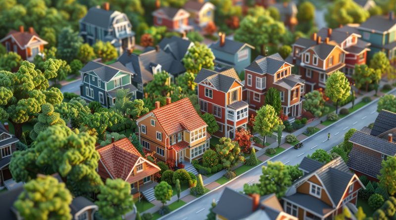 A suburban neighborhood with homes of varying economic levels, from modest to luxurious, depicting the diversity in housing affordability in the U.S.