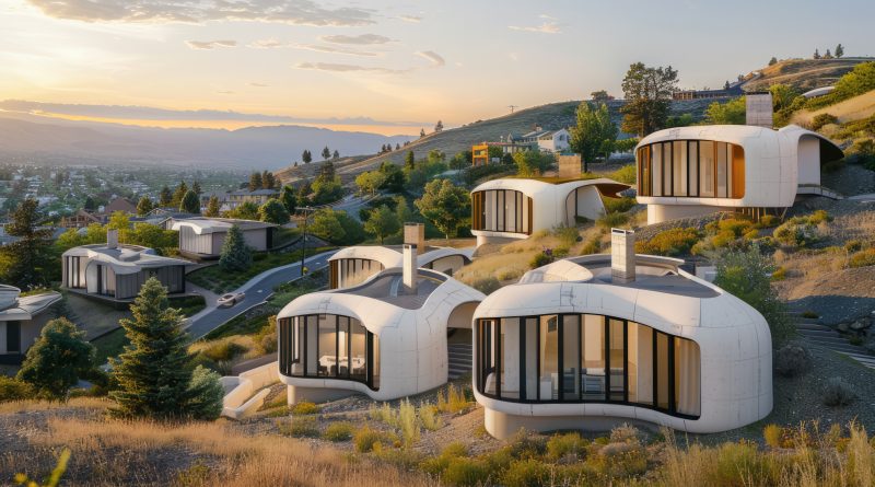 Futuristic 3D-printed home in the hills with curvature architecture.
