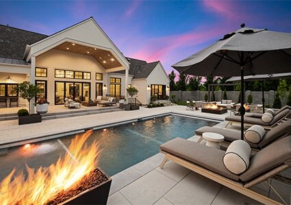 Large house, rectangular pool & fire pit