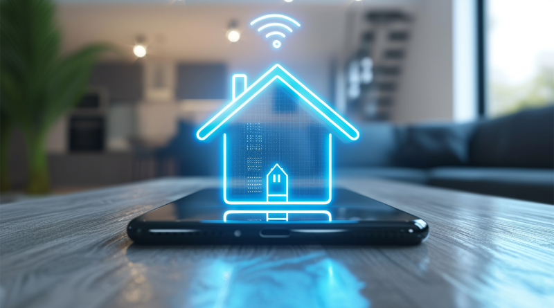 Cellphone laid out on a table with a digital icon of a house coming out of it to support smart home technologies article