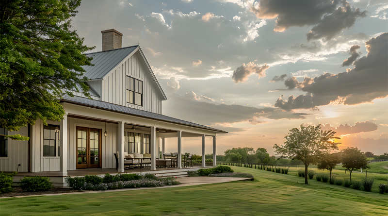 White Barndominium style home in countryside