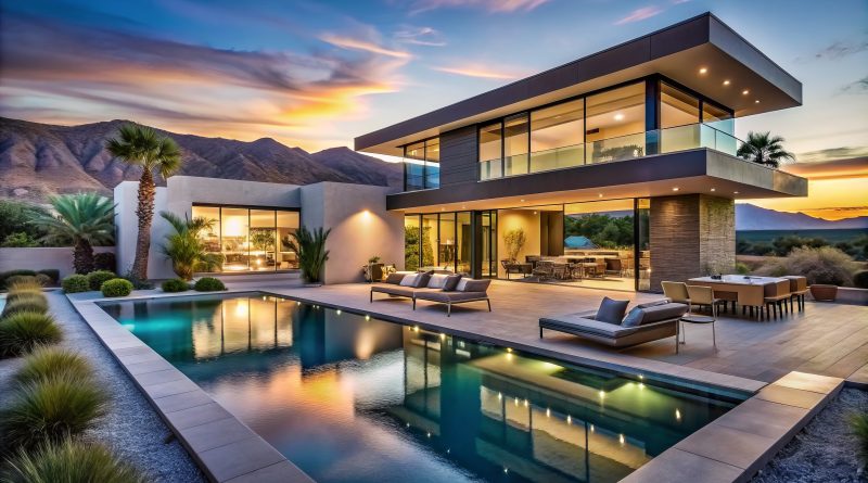 A luxurious Los Angeles home with modern architecture, featuring a large glass facade, manicured garden, and swimming pool