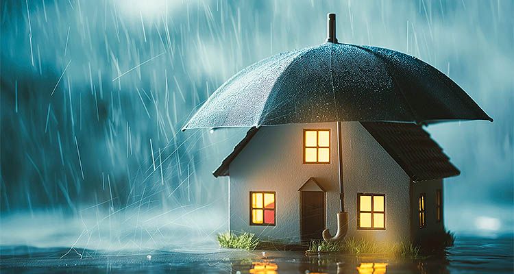 An image of an umbrella over a small wooden house during rain