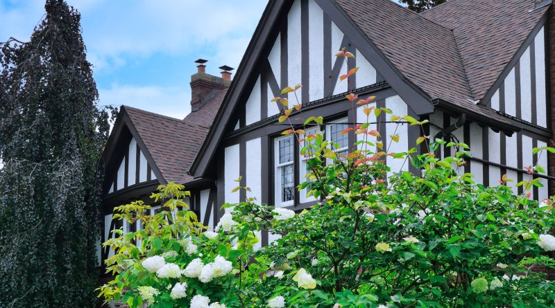 Black, white and brown Tudor-Style Homes with green foliage outside