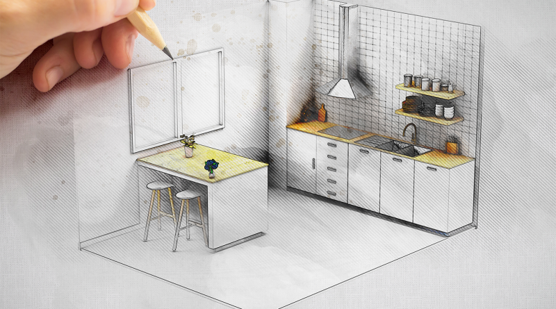 Person sketching a kitchen design with pencil