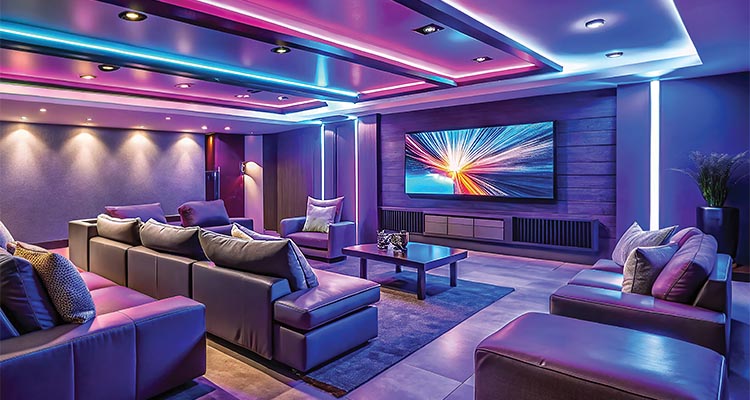 Modern Home Cinema Living Room with Colorful LED Lighting and Cozy Atmosphere for Ultimate Movie Experience, Featuring Comfortable Seating and Stylish Decor Elements