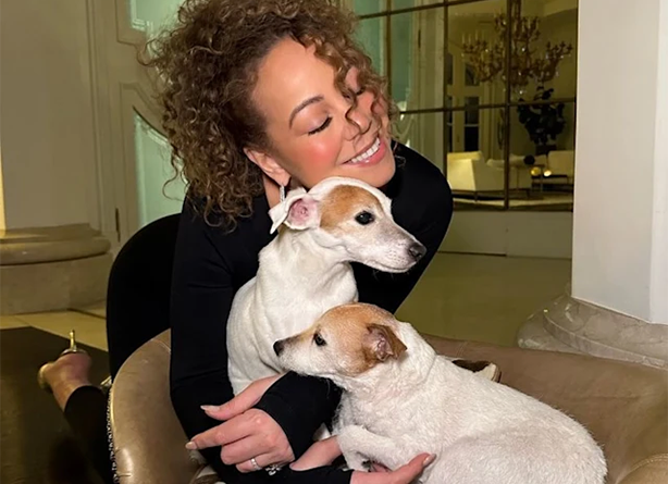 Image of Mariah Carey hugging dogs in home to support real estate article