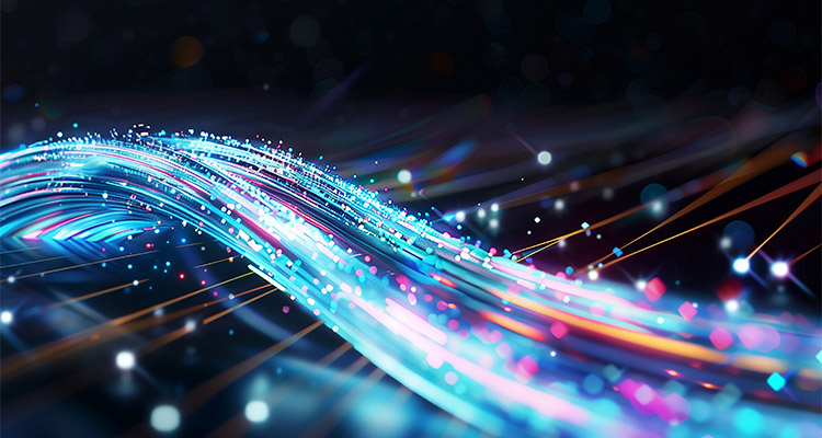 ultra-fast broadband network illustrated as an abstract, fast-flowing digital river, creative, photorealistic style