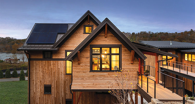 Wooden house with solar panels