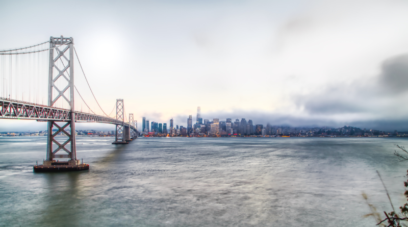 Affluent suburbs near Atherton, California with a view of the San Francisco skyline and bridge.