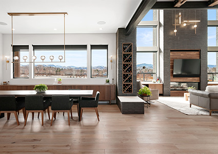 Dining room - modern light wood floor and exposed beam