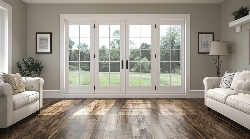 Inside of a modern living room with wooden floors and large patio doors