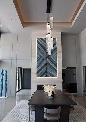 a modern interior design featuring a chandelier as a central element