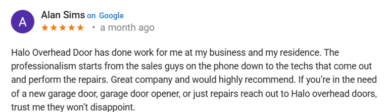 Halo Overhead Doors 5 Star Google Review