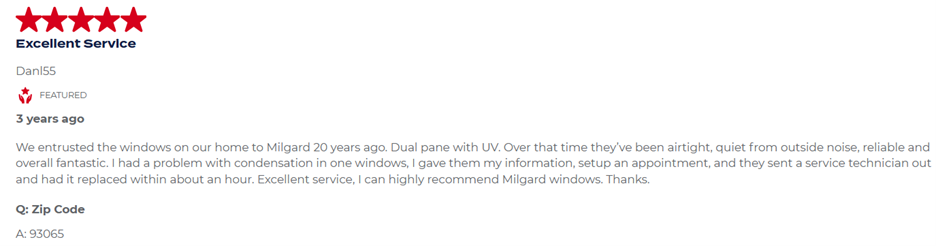 Positive customer review for Milgard
