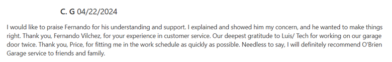 Positive customer review for Halo Overhead Doors