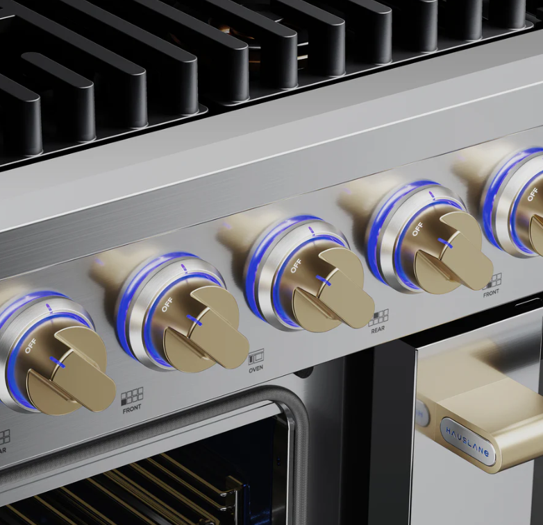 HausPro Range 48" with a gold finish and LED knobs for enhanced appearance and visibility.
