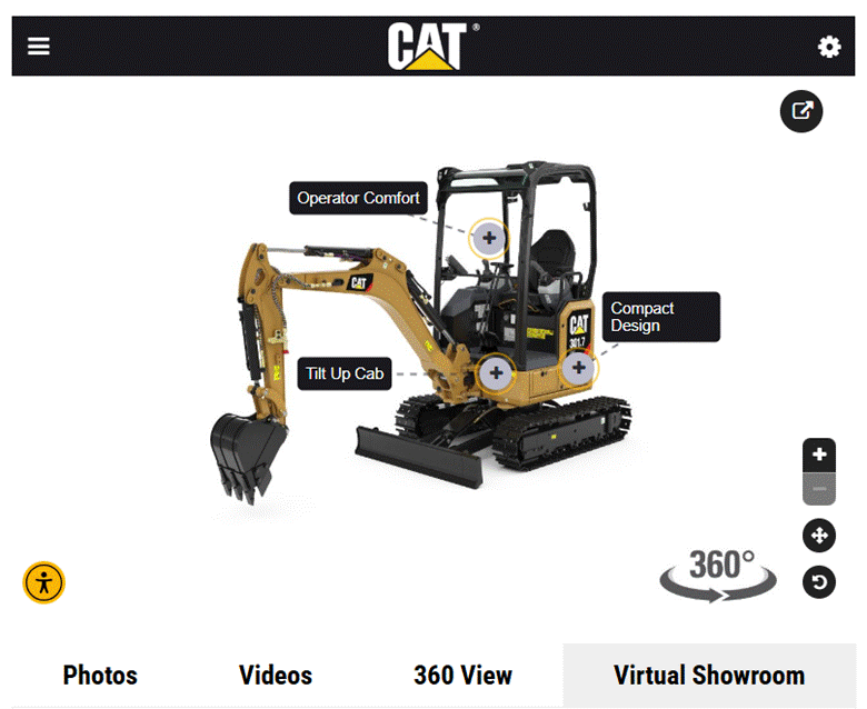 The 301.7 CR Mini Hydraulic Excavator is showcased in the interactive, virtual showroom. Image: Thompson Tractor.
