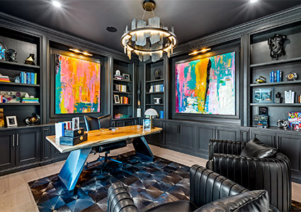 a luxurious home office or study designed with modern aesthetic elements
