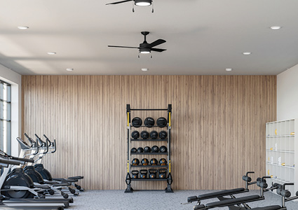 a modern gym interior equipped with the Progress Lighting Axion I 52-inch 3-Blade LED Ceiling Fan.