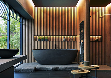 a luxurious bathroom installation features acoustic slat panels and a modern matte black bathtub.