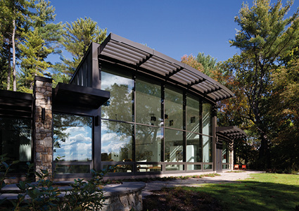 a modern architectural home nestled in a dense forest setting 