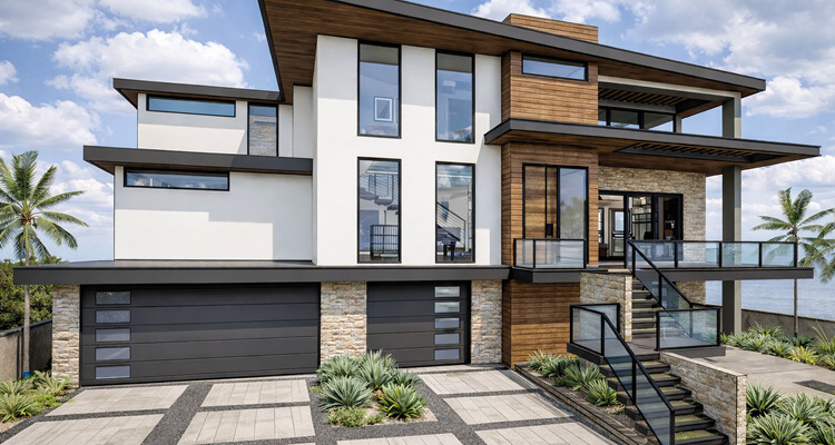 The house features a modern, asymmetrical design with flat and shed rooflines that have deep overhanging eaves