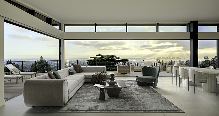 a luxurious, open-concept living space in a contemporary hillside villa