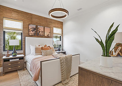 a bright, modern, and cozy bedroom with a mix of contemporary and rustic design elements