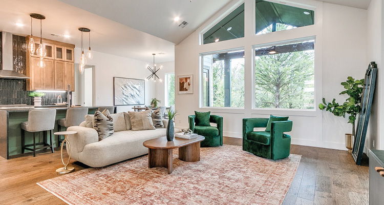 a modern luxury living room interior, showcasing furniture like sofas, chairs, and light fixtures.