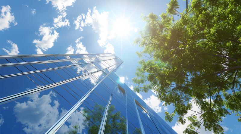 Modern glass-clad sustainable building reflecting blue skies and clouds beside green trees under bright sunlight, symbolizing climate-resilient architecture and environmentally conscious design.