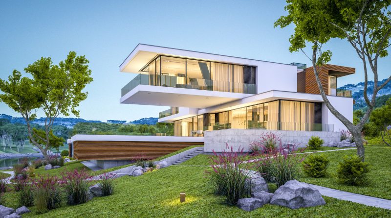 Modern luxury US home featuring solar panels, high efficiency windows, and sustainable net zero upgrades.