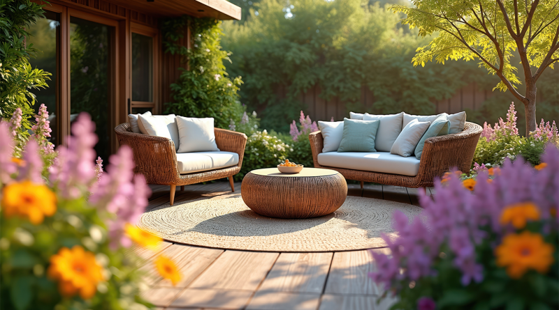 Why outdoor furniture is becoming one of home design’s biggest categories can youplease give me the alt text for this image Modern outdoor patio with woven lounge seating, neutral cushions and a round coffee table surrounded by lush garden flowers in warm evening light.