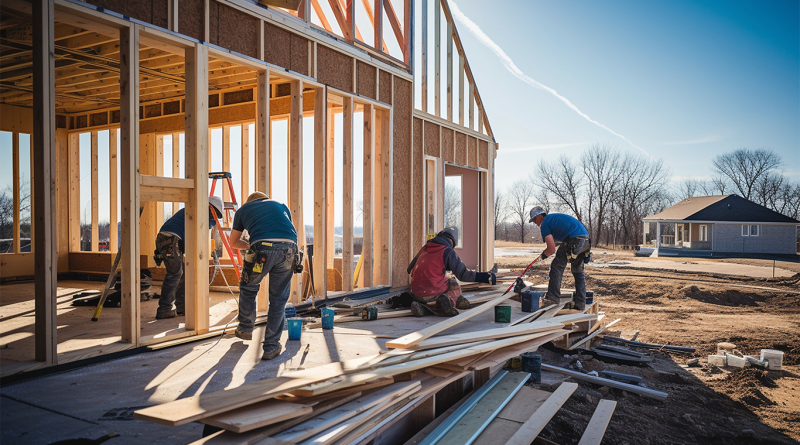 Construction workers frame a new single-family home at a residential development site as U.S. homebuilding activity slows in 2025.