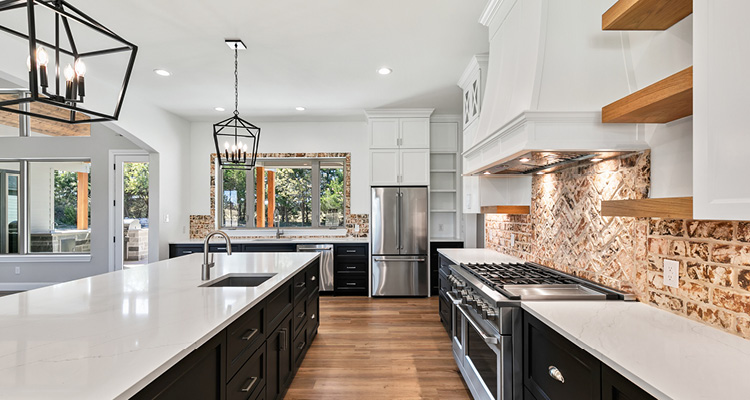 a modern farmhouse kitchen blending rustic natural textures with sleek contemporary finishes