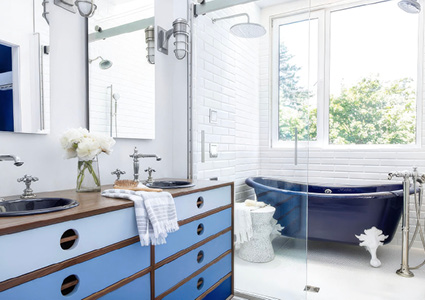 a custom-designed blue ombre vanity from the 2020 HGTV Urban Oasis featured in Portland, Maine