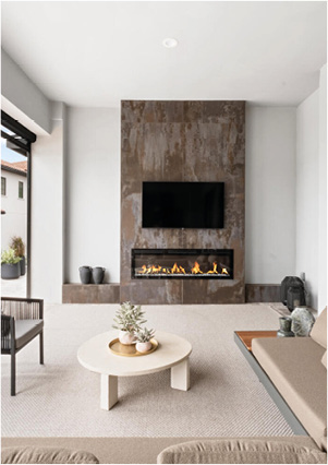  modern minimalist media wall featuring an integrated linear fireplace, a recessed flat-screen television, and a textured accent column