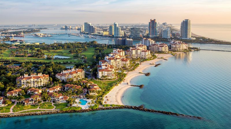 Aerial view of Fisher Island and PortMiami highlighting the fuel depot at the centre of a multimillion dollar infrastructure dispute.