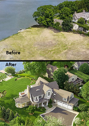 a "before and after" comparison of a waterfront property.