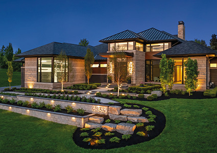 a Moceri Homes Vittoria Ranch model featuring a contemporary facade and award-winning landscape design