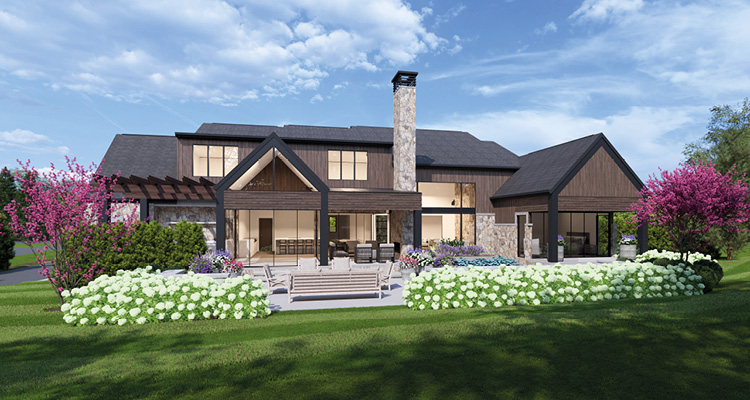a custom modern farmhouse estate, specifically highlighting the back facade, patio, and professional landscaping