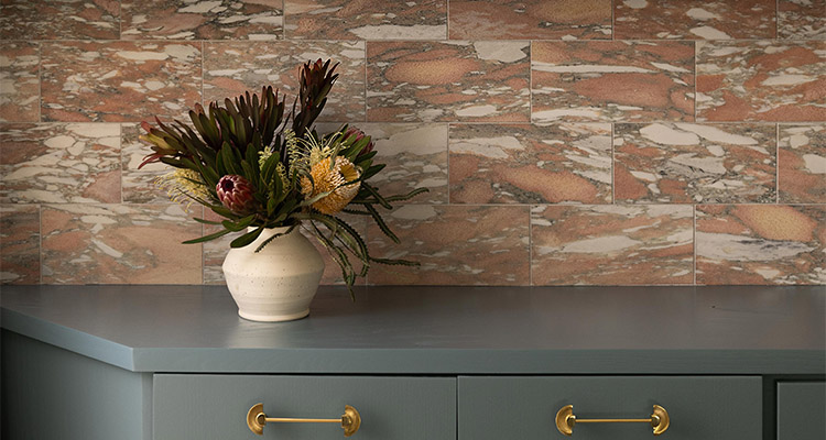 Norwegian Rose marble subway tiles.