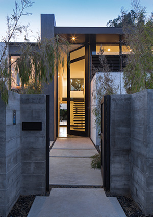 A modern house entrance features a tall glass door.