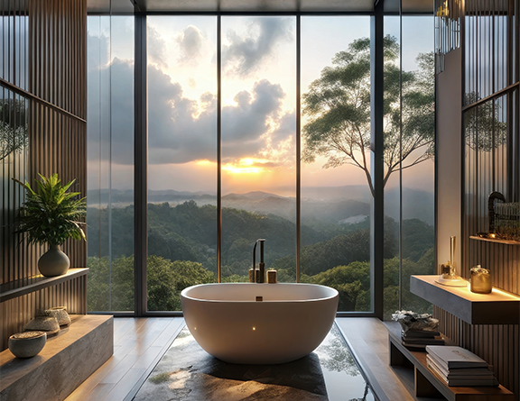 Contemporary luxury bathroom with a freestanding bath, floor-to-ceiling windows overlooking mountain views, timber finishes, ambient lighting and spa-inspired design.
