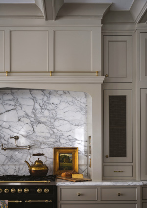 a close-up, detailed view of a high-end, classic kitchen focal point
